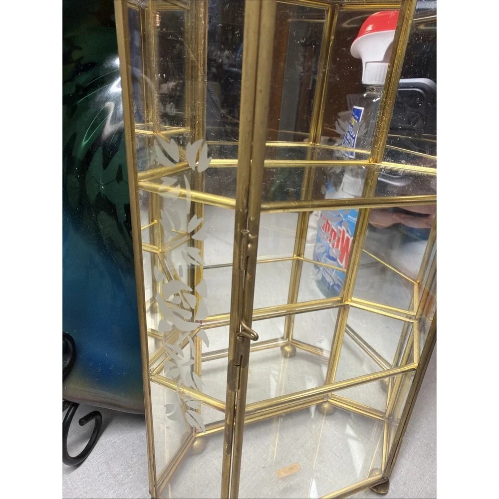 Vtg Etched Floral Glass Brass Mirrored Curio Display Cabinet Table 10